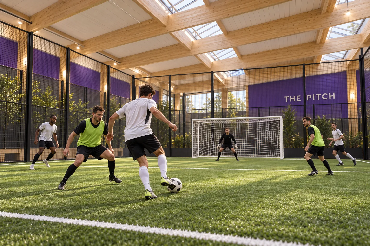 Konzeptansicht eines Indoor-Fußballfelds mit grünem Kunstrasen, Tor und spielenden Teams